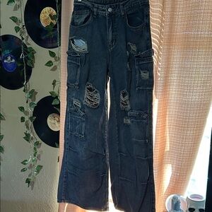 SHEIN Black Distressed Wide Leg Jeans